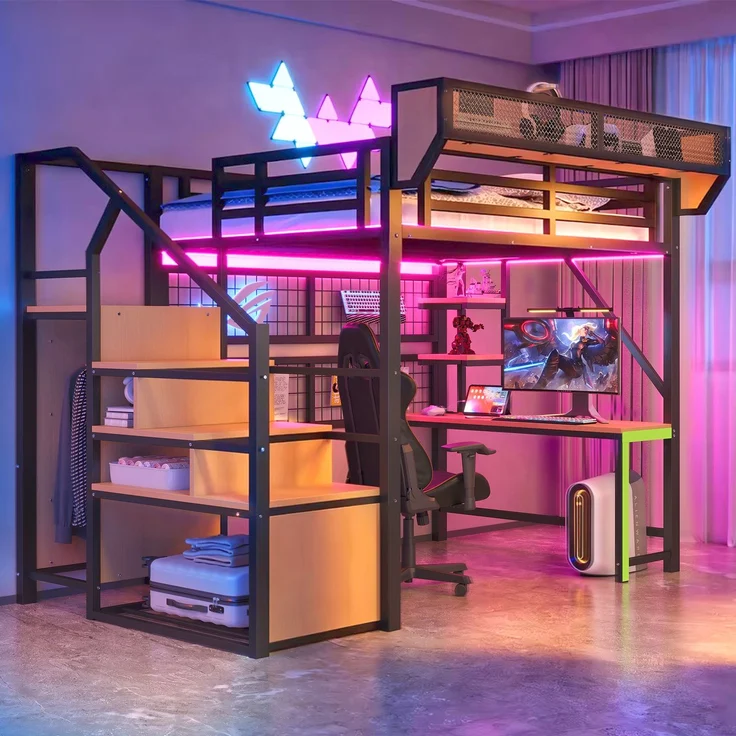 Merax Hochbett 140 × 200 cm, Kinderbett Jugendbett, Mit Schreibtisch, Regal und Aufbewahrungsnetz, Komplett Mit Sicherheitsleiter, LED-Beleuchtung und Steckdose, Erhöhtem Geländer, Schwarz – Bild 2