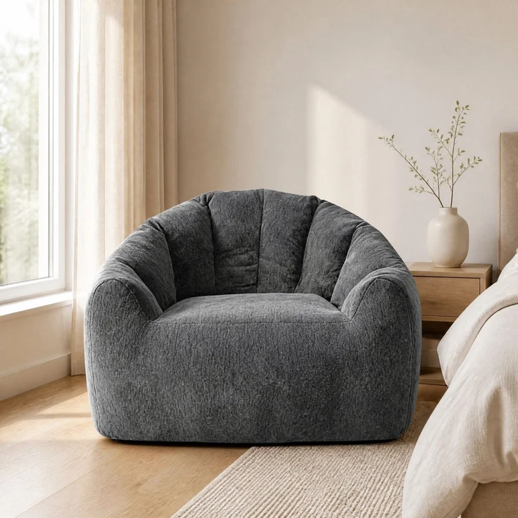 Sitzsack, Flanell, rund, mit ergonomischer Kontur & komprimierter Verpackung, 99x86,3x64,7 cm, Grau – Bild 3