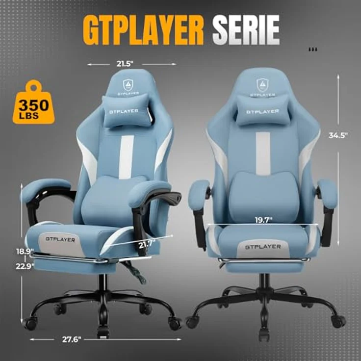 GTPLAYER Gaming-Stuhl Ergonomischer Gaming Sessel Schreibtischstuhl Gamer Stuhl aus Stoff, Federsitzkissen mit Fußstütze – Bild 3
