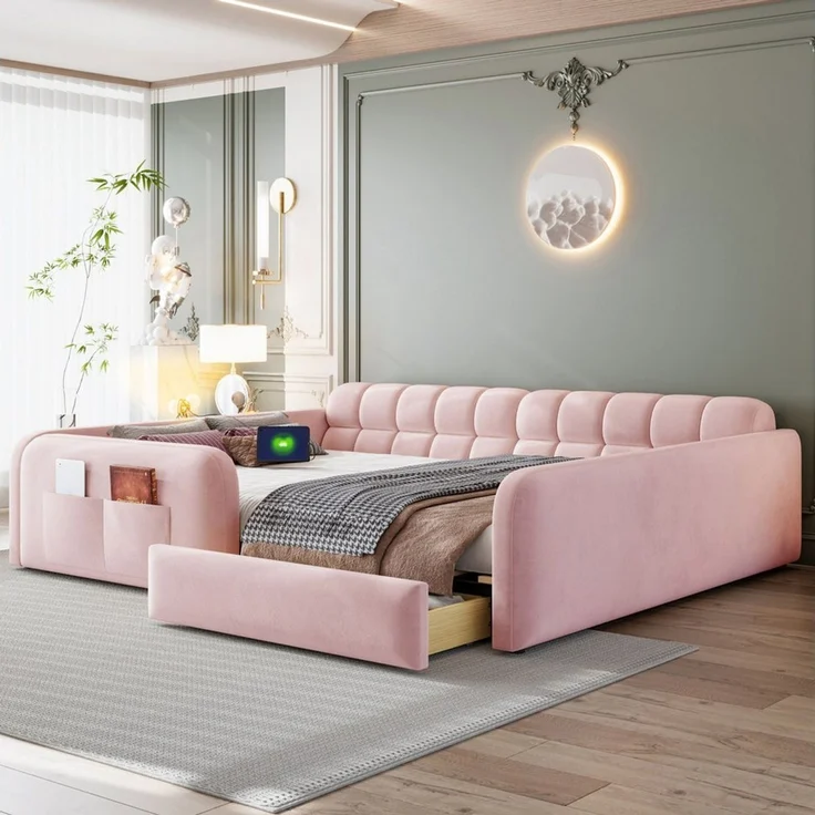 i@home Kinderbett Gepolstertes Kinderbett 140x200 cm Rosa, Samt Plattform Bettgestell (Sofa-Kopfteil,Kinderbett für Jungen- und Mädchenzimmer), mit hohe Sicherheitsgeländer,Ladeanschluss,Schublade & Nachtlicht – Bild 3