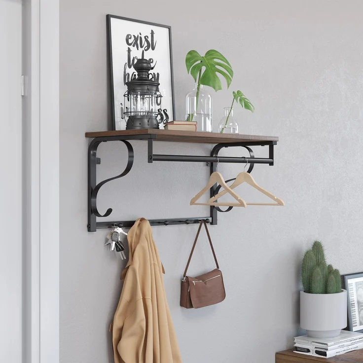 Vasagle Wandgarderobe Wandregal mit 5 Haken und Ablage, im Industrie-Design von Songmics LCR11BX – Bild 1