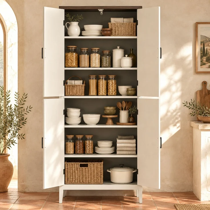 Küchenbuffet B 76 x T 40 x H 178,5 cm aus MDF in Weiß mit Holzoptik, 4 Türen – Bild 4
