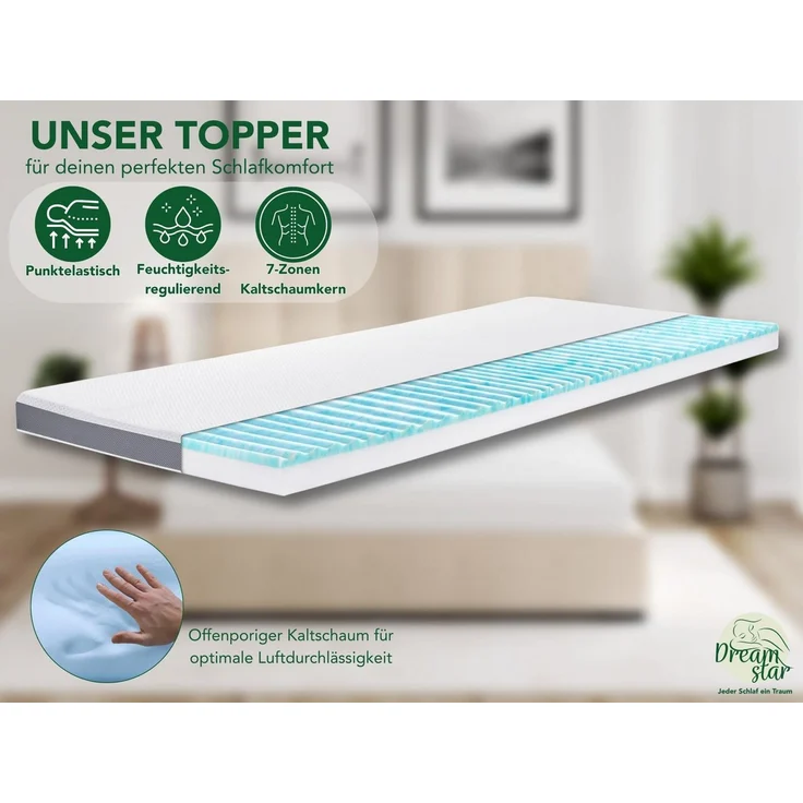 Dreamstar, Topper 7-Zonen Matratzentopper mit Gel-Memory- & Komfortschicht, H2/H3, 8 cm hoch, Komfortschaum, rutschfest, Bezug waschbar - für Matratzen und Boxspringbetten – Bild 2