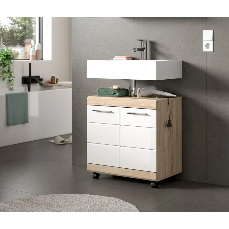 welltime Waschbeckenunterschrank SIENA, Breite 60cm, 2 Türen, auf Rollen, MDF-Front (TOPSELLER!, mit Siphonausschnitt 10x25 cm) in verschiedenen Farben erhältlich, Badmöbel, Badschrank, Kommode, Bad – Bild 2