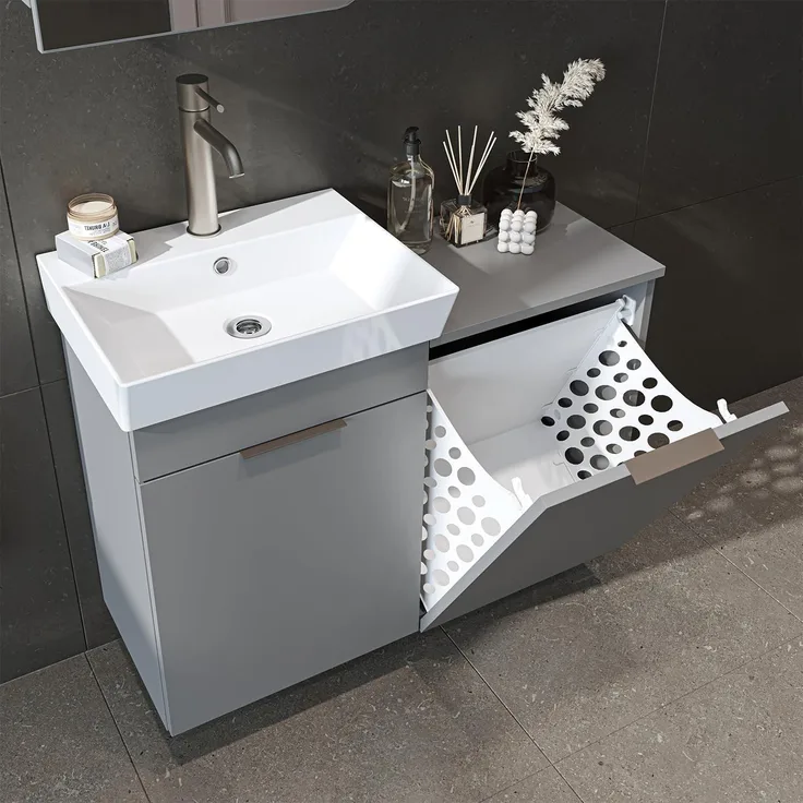 Roomart LYCIA Badmöbel - Waschbeckenunterschrank mit Keramikwaschbecken & Wäschefach - H 69.5 x B 92.2 x T 38.6 cm • Grau