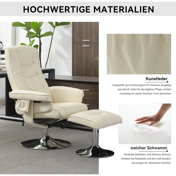 Massagesessel mit Heizfunktion & Fußhocker, verstellbare Rückenlehne bis 135°, Kunstleder Relaxstuhl mit 360° Drehung,Beige – Bild 7