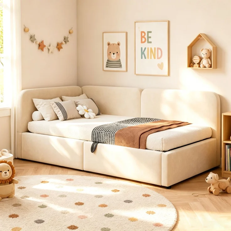 LVHOM Polsterbett 90x200 mit Stauraum, Samt Tagesbett mit Hydraulik, 2-in-1 Schlafsofa Bettgestell mit Lattenrost, Einzelbett, Beige – Bild 8