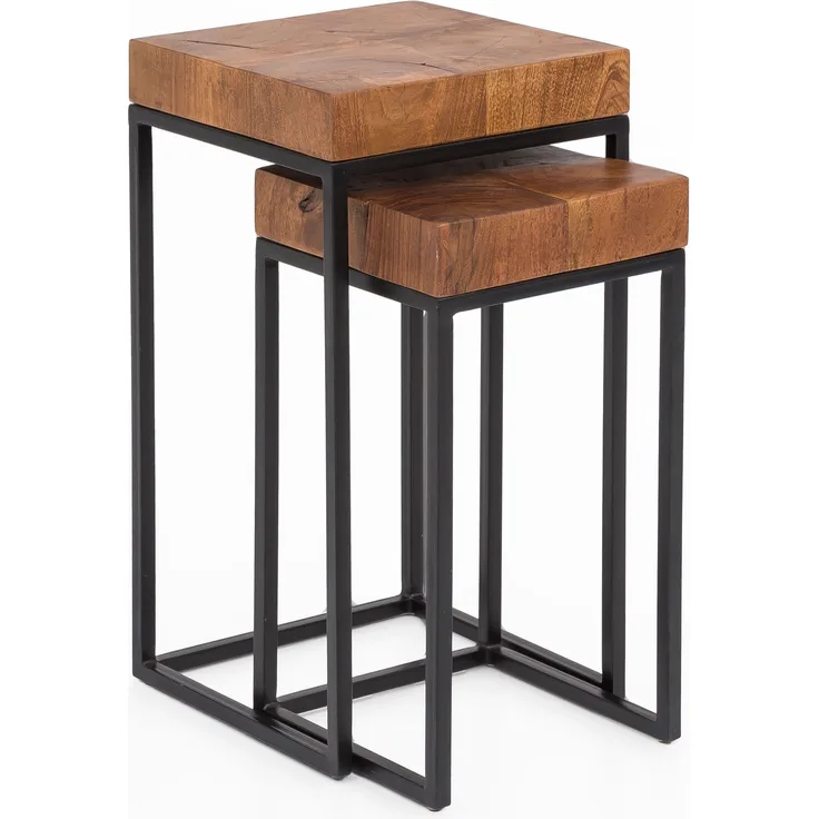 Wohnling Design Satztisch FB51457 Sheesham Metall Beistelltisch 2er Set klein