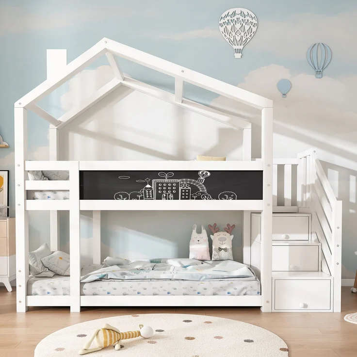 Kinder Hochbett Baumhaus mit Schubladen und Wandtafel, Weiß 90×200 cm, Etagenbett mit Treppe, Massivholz – Bild 2