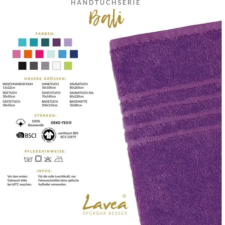 Lavea Saunatuch Bali Saunahandtuch 80x200 cm Saunahandtuch XXL 80x220 cm, Weiches Bio-Baumwollfrottee (1-St), pflegeleicht, GOTS-zertifiziert, extra saugstark mit 500g/m² – Bild 3