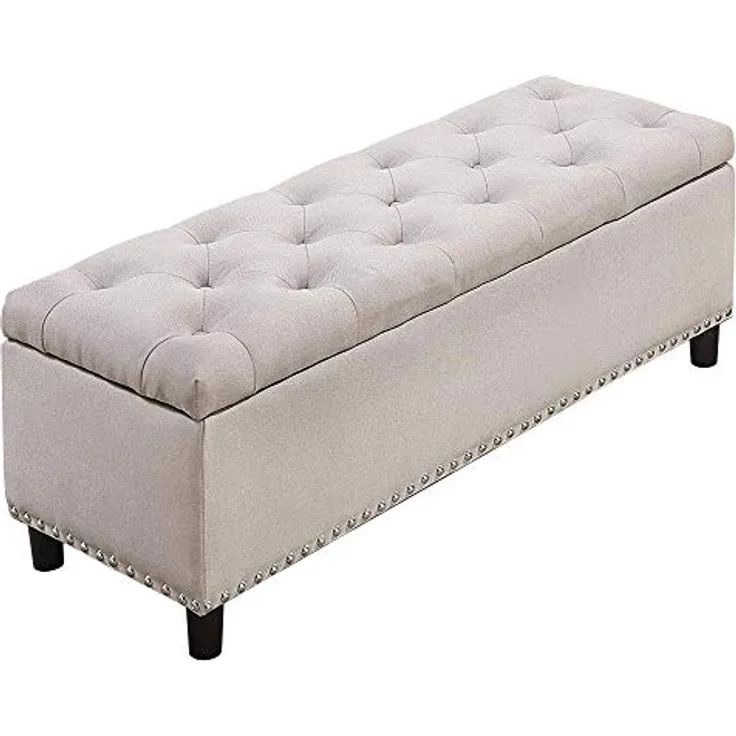 BAKAJI Sitztruhe, Sitzhocker, Fußhocker für Schlafzimmer, Hocker mit Holzrahmen, Bezug aus Stoff, Sitzfläche zum Öffnen, gepolstert, Farbe: Beige, Maße: 121 x 42 x 43 cm