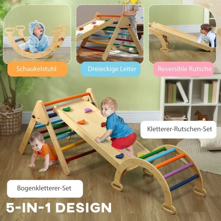 LVHOM 5-in-1 Klettergerüst aus Holz, Pikler Dreieck mit Rutsche & Bogenbrücke, faltbares Kletterdreieck für Kleinkinder, Motorikspielzeug bis 50 kg – Bild 3