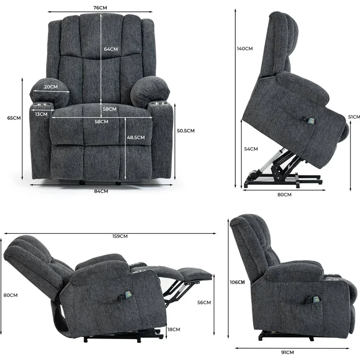 Massagesessel aus Samt mit Aufstehhilfe, Wärme- und Vibrationsfunktion, 91x84x106 cm, Dunkelgrau – Bild 5