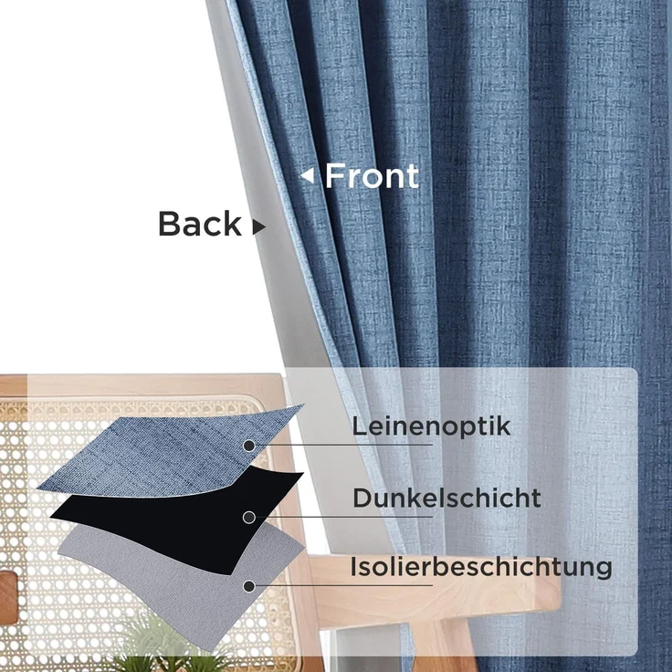 Joydeco 100% Verdunkelungsvorhänge Leinen Gardinen mit Kräuselband 2er Set H225xB140cm Wathet, Thermovorhang Kälteschutz Blickdicht Schallschutz Ideal für Wohnzimmer passt zu Schienensystemen – Bild 4