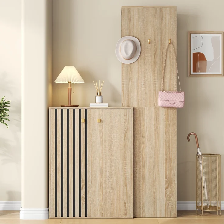 Moderne Flurgarderobe mit Stauraum,Garderobenset, Kompaktgarderobe,Schuhschrank,Flurgarderobe,mit Kleiderhaken,Kleiderstange, für den Flur--Natürlich--115x38.5x191.5cm--YOUDENOVA – Bild 6