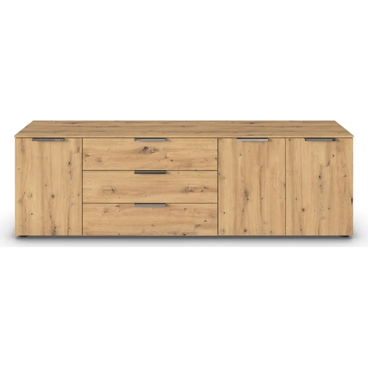 Rauch Möbel Flipp, Sideboard, TV-Schrank, Kommode mit Stauraum, Eiche Artisan, 3-türig, 3 Schubkästen, Griffe chrom, 199 x 61 x 42 cm