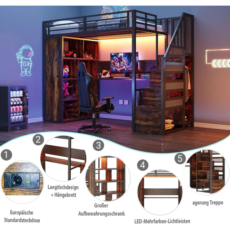 EINHOM Metall-Hochbett 90 x 200 cm mit Kleiderschrank und Staufächern, Metall + Holz, Trittleiter, Schreibtisch mit Steckdosen nach Europäischer Norm, Lochblech und LED-Lichtleiste, Großem Stauschrank, Einzelbett, Schwarz (Ohne Matratze) – Bild 6