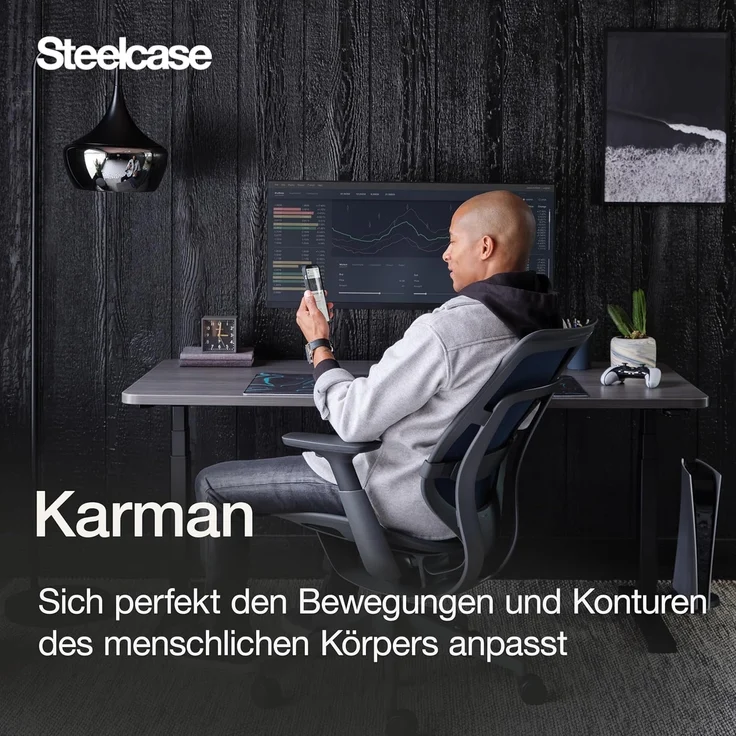 Karman Steelcase Ergonomischer Bürostuhl, höhenverstellbarer Stuhl mit Schwarz Bezug, 64.5 x 68 x 103 – Bild 6