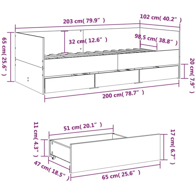 vidaXL Tagesbett mit Schubladen ohne Matratze Räuchereiche 100x200 cm 3280815 – Bild 5