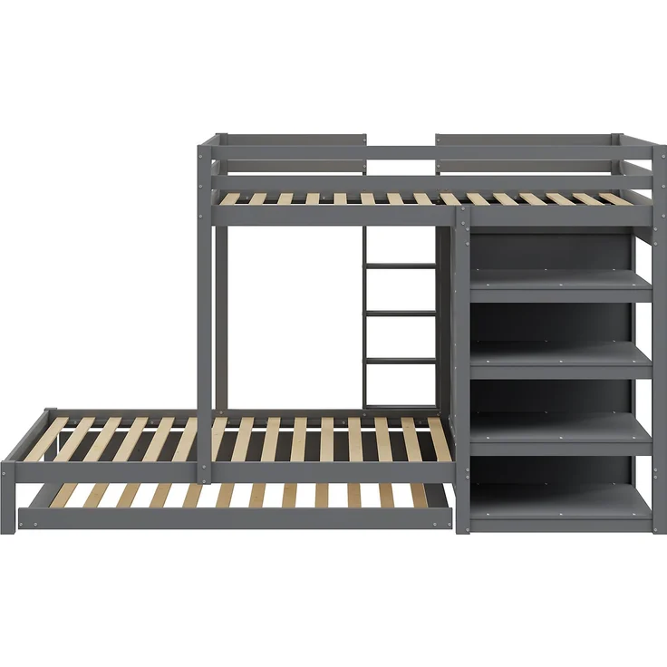 Bett Etagenbett 90/180x200 cm aus Holz mit Ausziehbett, Kleiderschrank und Schubladen, grau, ohne Matratze – Bild 8