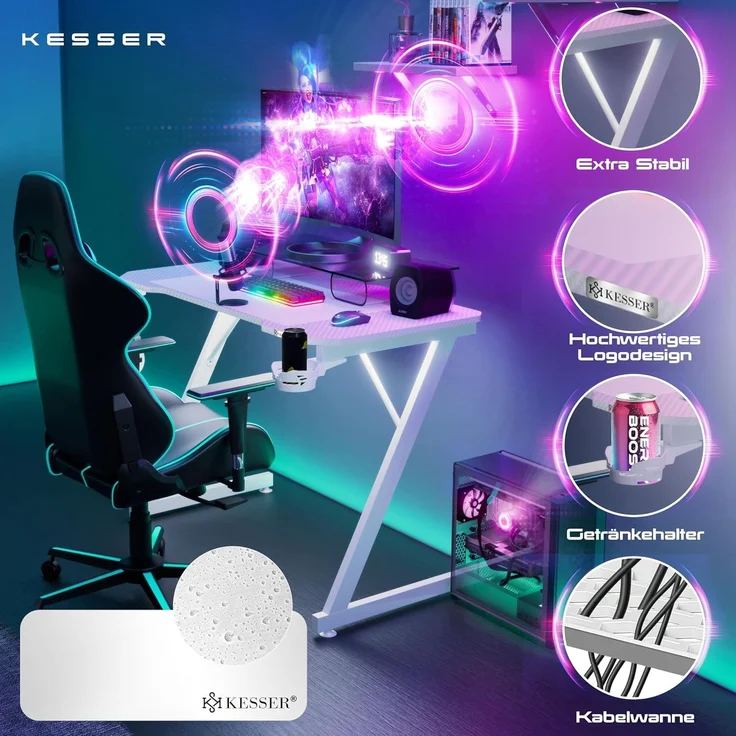 KESSER Gamingtisch, Gaming Schreibtisch mit Getränkehalter Ergonomischer Gamer Tisch – Bild 3