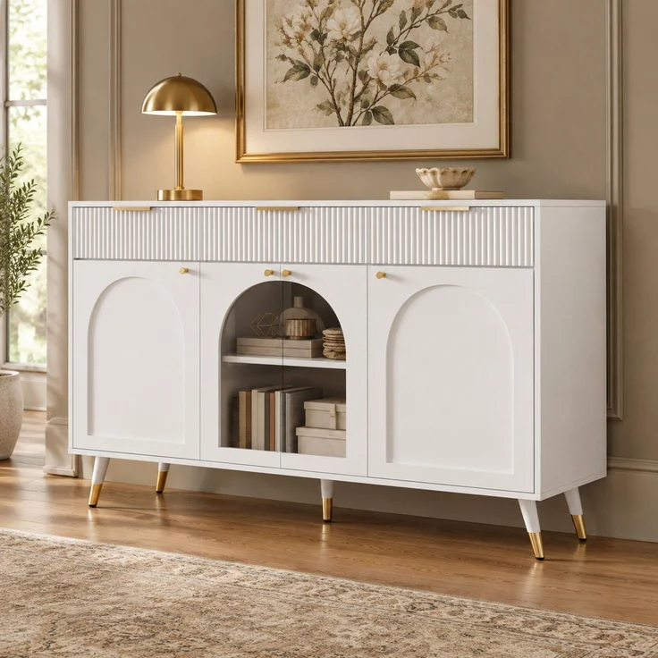 DESVIAE Sideboard Weiß aus MDF/Spanplatte – 140x85,5x40 cm – 4 Türen, 3 Schubladen – Bild 2