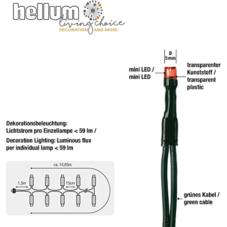 hellum LED Mini Lichterkette Innen, 100 bunte LED, 1485cm beleuchtete Länge, mini Lichterkette bunt innen mit Stecker, für Weihnachtsbaum oder Partybeleuchtung, 577617 – Bild 5