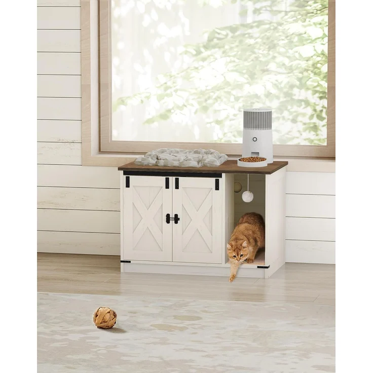 Katzenschrank, Katzentoilette, Katzenklo Schrank, Versteckte Katzentoilette Kabinett Möbel mit Katzenglocke, Indoor-Katzenhaus, 80 x 50 x 53 cm, für Flur, Schlafzimmer, Vintagebraun-Weiß – Bild 7