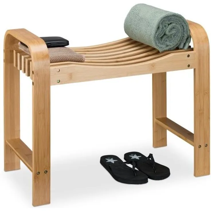 Relaxdays Badhocker, Bambus, Griffe, ergonomische Sitzfläche, Sitzbank Flur und Bad, Natur, HxBxT: 54 x 65 x 33 cm