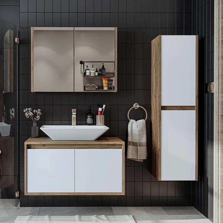 Roomart ATLANTIC-85 Badmöbel Set– 4-teiliges Badezimmermöbel Set - Waschbeckenunterschrank mit Keramikwaschbecken, Spiegelschrank & Hochschrank - H 45 x B 45 x T 85 cm • Weiß-Eiche