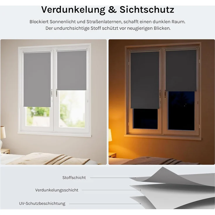 WOLTU Verdunkelungsrollo ohne Bohren, Thermo Verdunkelungsrollo mit Kette, Sichtschutz, für Türen und Fenster, 100 x 120 cm, Grau – Bild 2