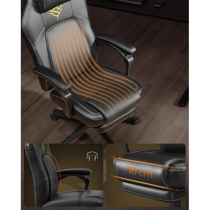 SONGMICS HOME Gaming-Stuhl, ergonomischer Computerstuhl mit Fußstütze, Bürostuhl, Drehstuhl mit Kopfkissen, PU, höhenverstellbar, tintenschwarz OBG072B01 – Bild 4