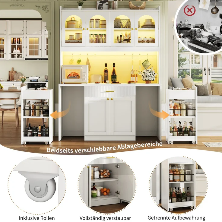 Hochküchenschrank 120cm mit RGB-LED, App-Steuerung, 3 Glasvitrinen, Schubkästen & beidseitigen Roll-Ablagen, Weiß/Schwarz – Bild 7