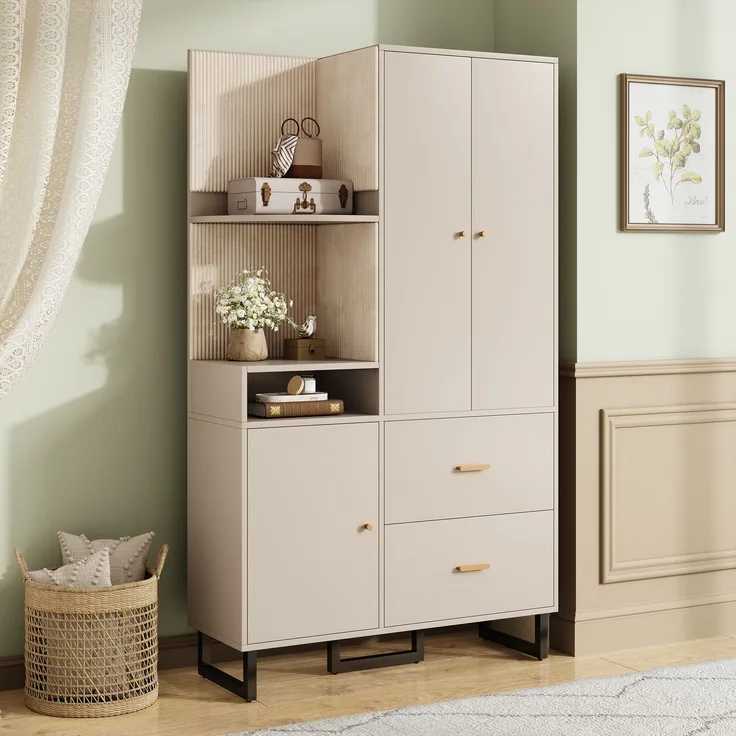 Kompaktgarderobe 110 x 38 x 186 cm mit Schubladen, Soft-Close, Stoffpaneele, Kleiderstange, Stauraum, Flurregal