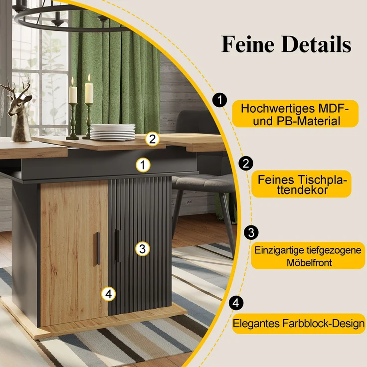 Esstisch ausziehbar 110-140x80x75 cm, Retro-Design, schwarz/natur, mit vakuumgeformten Türen – Bild 9