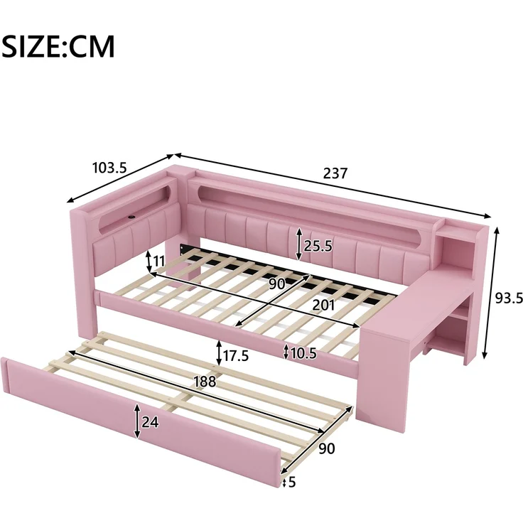 U-life Gepolstertes Tagesbett 90x200 cm mit Ausziehbett, Schreibtisch, USB-Ladestation und LED-Beleuchtung, Rosa – Bild 10