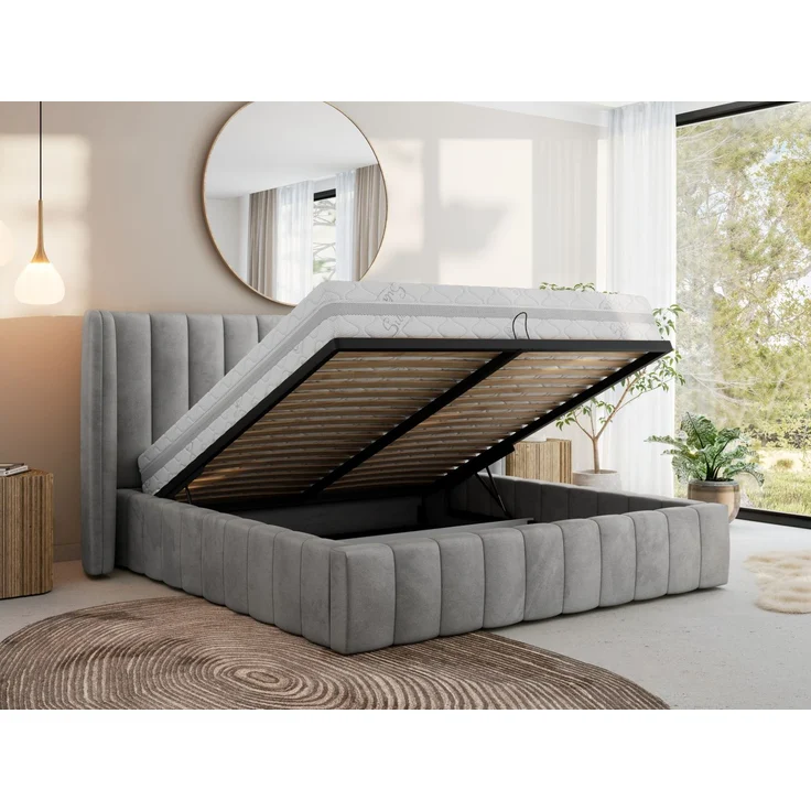 Polsterbett GOLETTA CLASSIC 140 x 200 cm mit gepolstertem Kopfteil, stabilem Bettrahmen, Lattenrost und Bettkasten mit Gasdruckfedern, Doppelbett, zeitloses Design Foam Matratze - Hellgrau Velvet - MIRO LUX – Bild 3