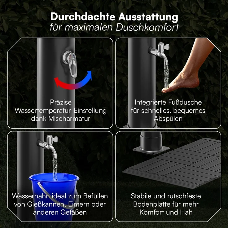 STEELSØN 'Selara' Solardusche 20 Liter, schwarz, warmes Wasser bis 60°C, Gartendusche mit schwankendem Regenduschkopf und Wasserhahn, Outdoor Dusche inkl. Schutzhaube und Kunststoffboden – Bild 5