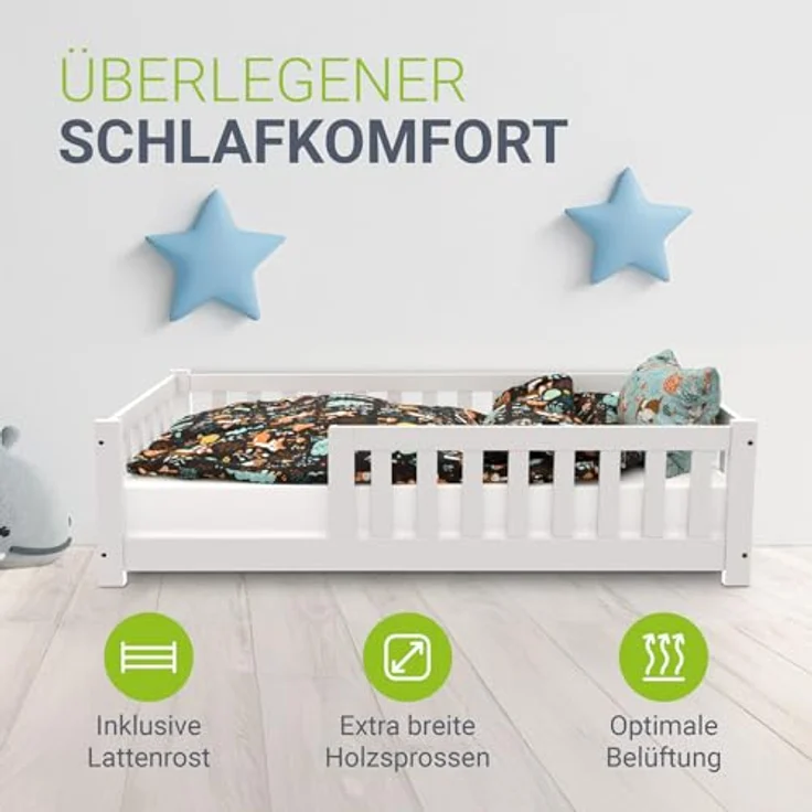 Juskys 'Naya' Kinderbett - mit Matratze, Rausfallschutz & Lattenrost - Bodenbett für Kinder 3 -10 Jahre - Holz Weiß, 80x160 cm – Bild 4