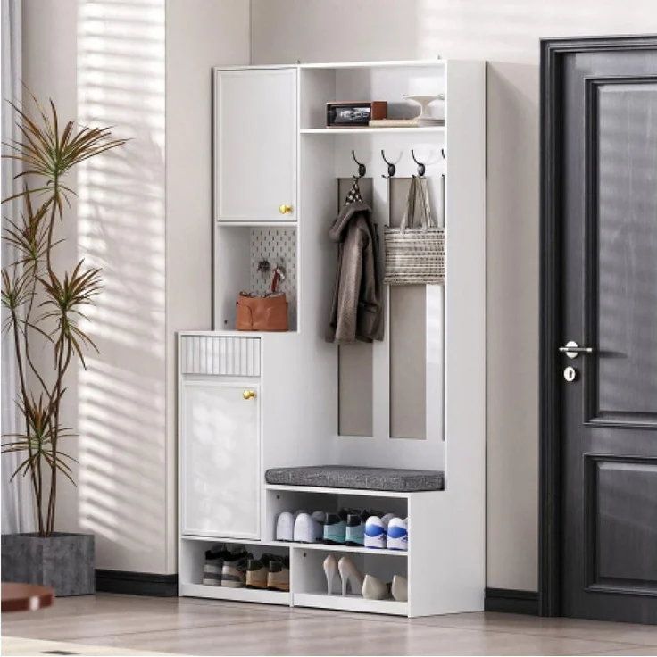 BBWL Garderobenschrank Garderobenset mit Sitzbank und Stauraum – Flurgarderobe mit 4 Haken Türen, Schubladen & Lochwand, MDF, 100x180x35 cm – Bild 2