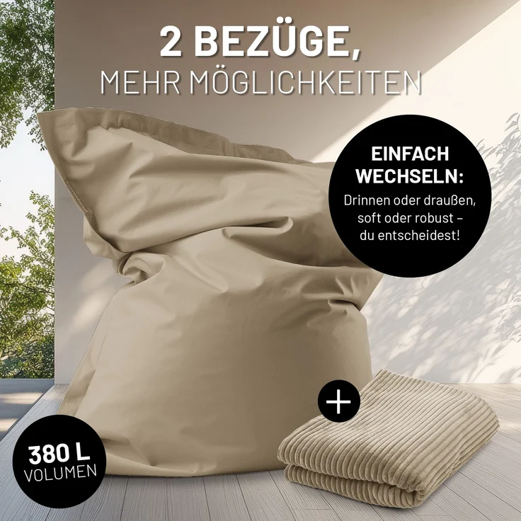 Lumaland Sitzsack Classic XXL All-in-One Set | Riesen Sitzsack XXL mit Cord & Outdoor Bezug für drinnen & draußen | Sofa Sessel mit im Innensack sicher verpackter EPS-Füllung – Hüllen Easy wechselbar – Bild 4
