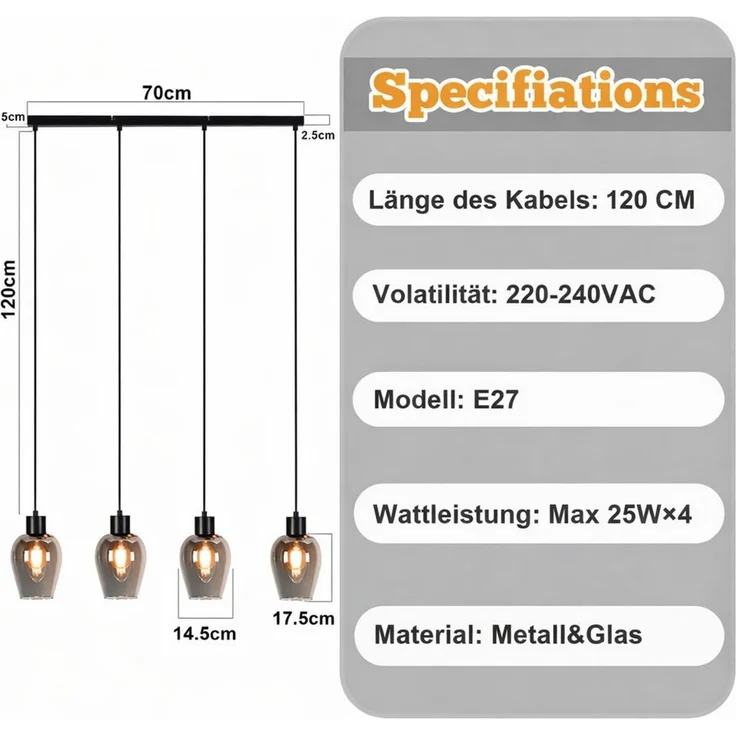 ZMH Pendelleuchte Esstisch 1/3/4-flammig, Hängeleuchte E27 aus Rauchglas und Metall, ohne Leuchtmittel, Vintage kreative Esstisch Küchenlampe für Wohnzimmer Schlafzimmer – Bild 4