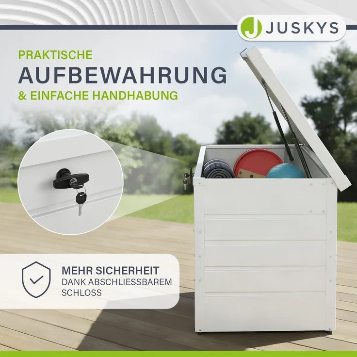 Juskys Metall Aufbewahrungsbox Limani 380 Liter - Outdoor Box - wasserdicht, abschließbar - Gartenbox, Auflagenbox, Kissenbox für Garten Weiß – Bild 3