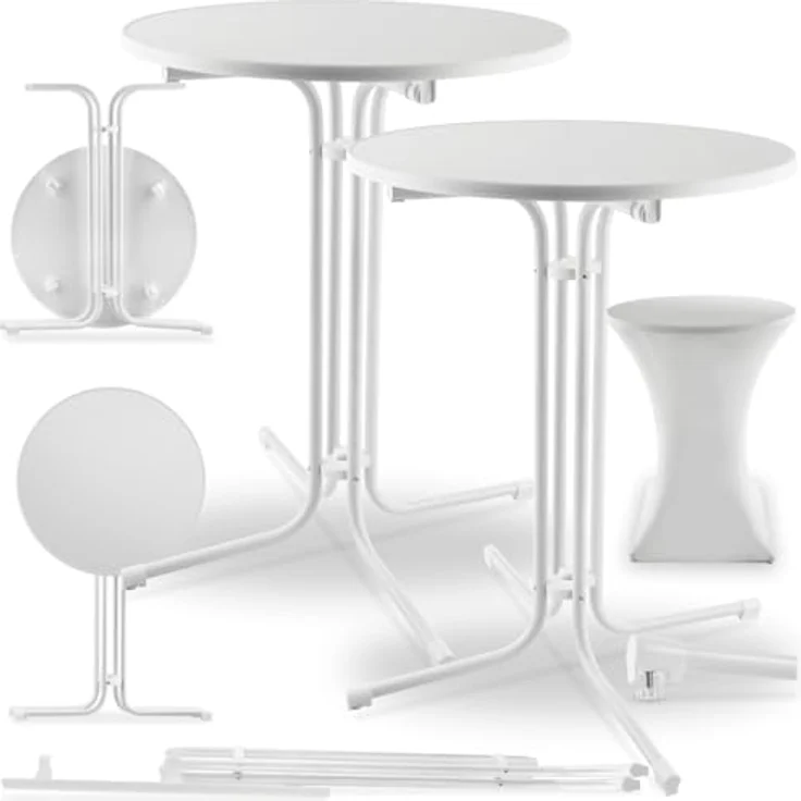 tectake® Gastro 2er Set Stehtisch klappbar, Bistrotisch mit Husse, Tisch Ø80cm, Stehtisch mit MDF-Tischplatte, Gartentisch klappbar, Klapptisch, rund, Stahlgestell, stabil und robust - weiß, 2er Set – Bild 2