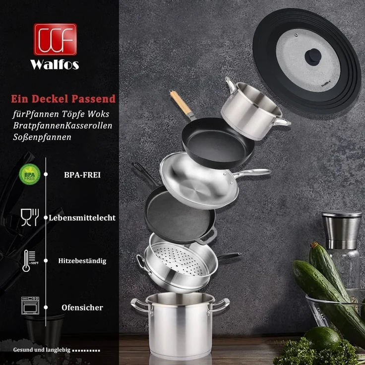Walfos Universaldeckel Glasdeckel Pfannen Töpfe Silikonrand 20cm-30cm – Bild 3