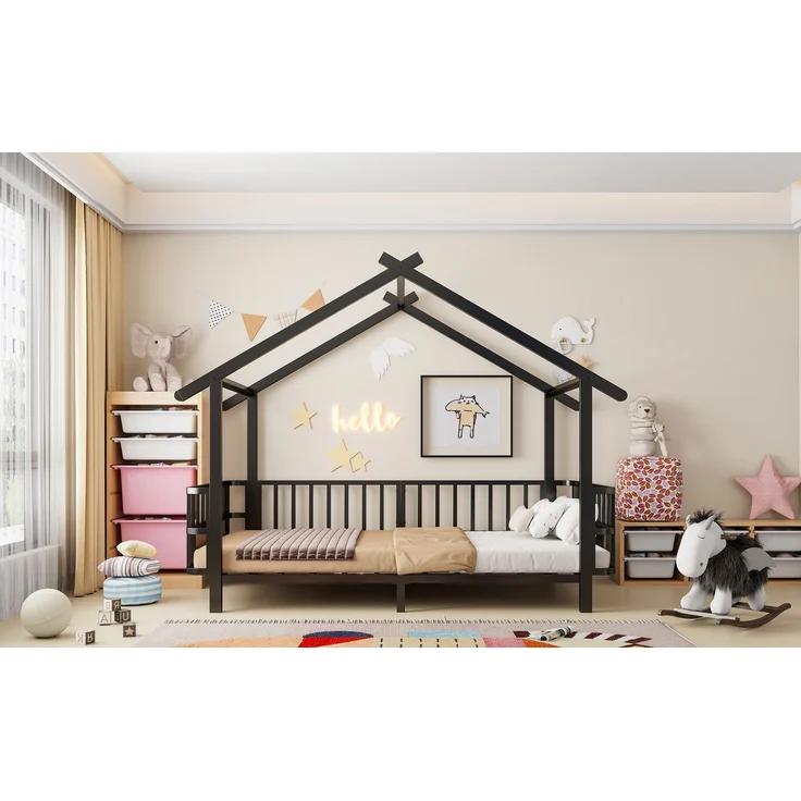 EINHOM Kinderbett aus Metall in Hausform, 90 x 200 cm, mit Sicherheitsgitter, Dachdesign und Dekorativem Rahmen, für Jungen und Mädchen, Metall, Schwarz, (Ohne Matratze) – Bild 5