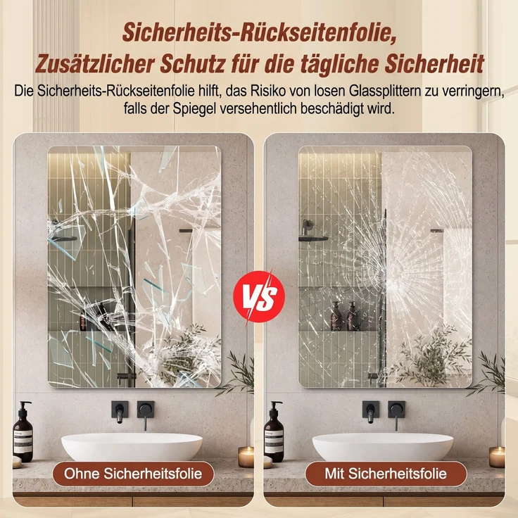 Abrihome Badezimmerspiegel Rechteckiger Wandspiegel mit rahmenlosem Design, Silber, 90x70 cm – Bild 6