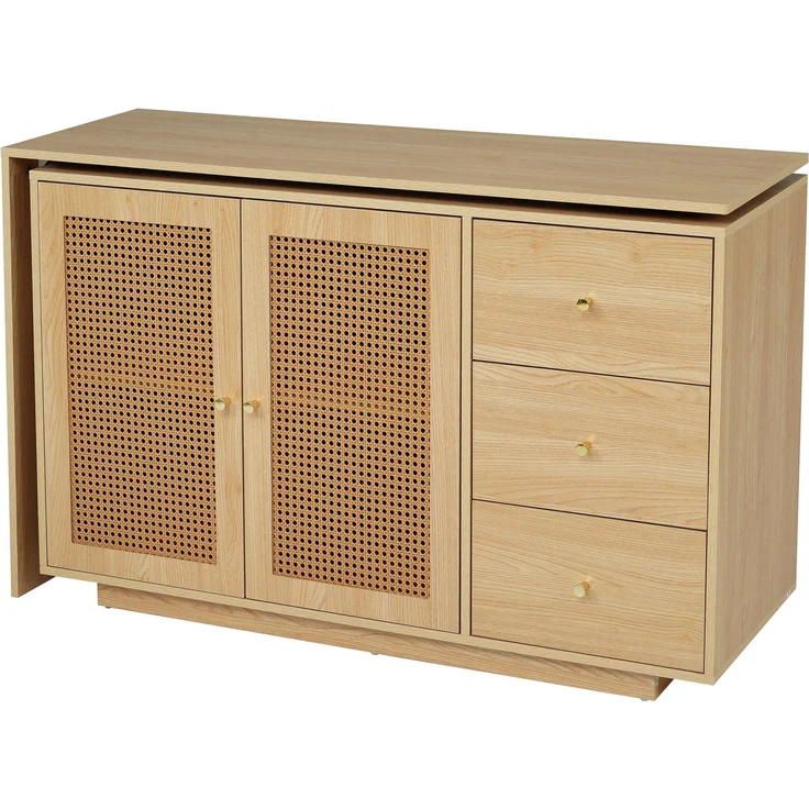 Schreibtisch mit 360°-Schwenkfunktion, MDF in Naturholzfarbe mit Rattan-Optik und Stauraum,75x126x40 cm – Bild 7