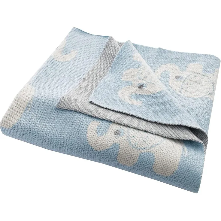 Bio Babydecke 100% Bio-Baumwolle (kbA) GOTS zertifiziert, Elefanten Blau, 80x100 cm