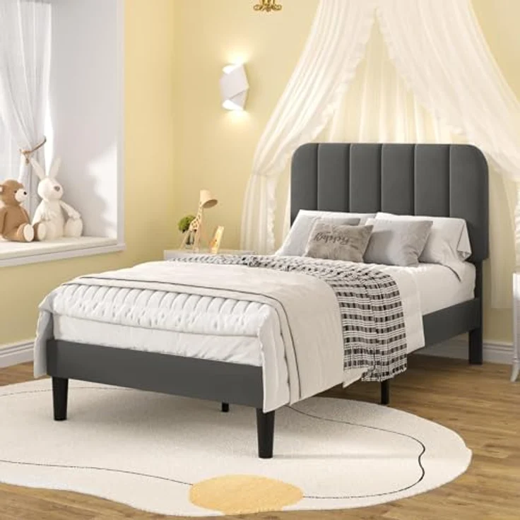 VECELO Polsterbett 90x200 cm mit Lattenrost Rückenlehne, Hautfreundlicher Samtstoff, Bett Einzelbett Jugendbett(Ohne Matratze), Legierter Stahl, Grau – Bild 3